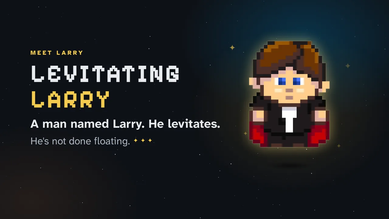 Trailer still: Levitating Larry, a pixel-art man in a suit and red cape, floating in space