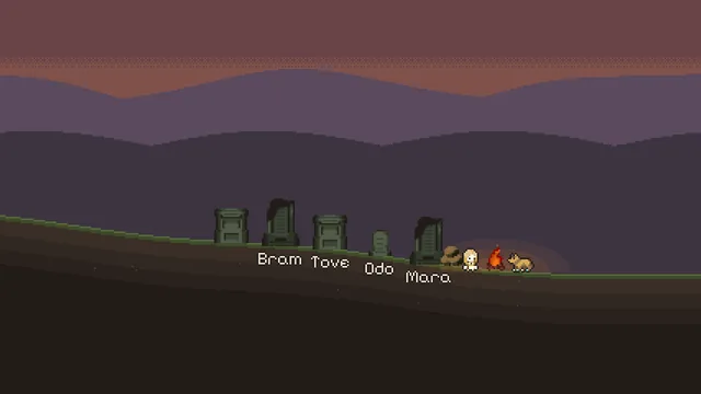 A hillside at dusk with a stone for each past life, Bram, Tove, Odo and Mara, beside the heir, the fire and the camp dog.