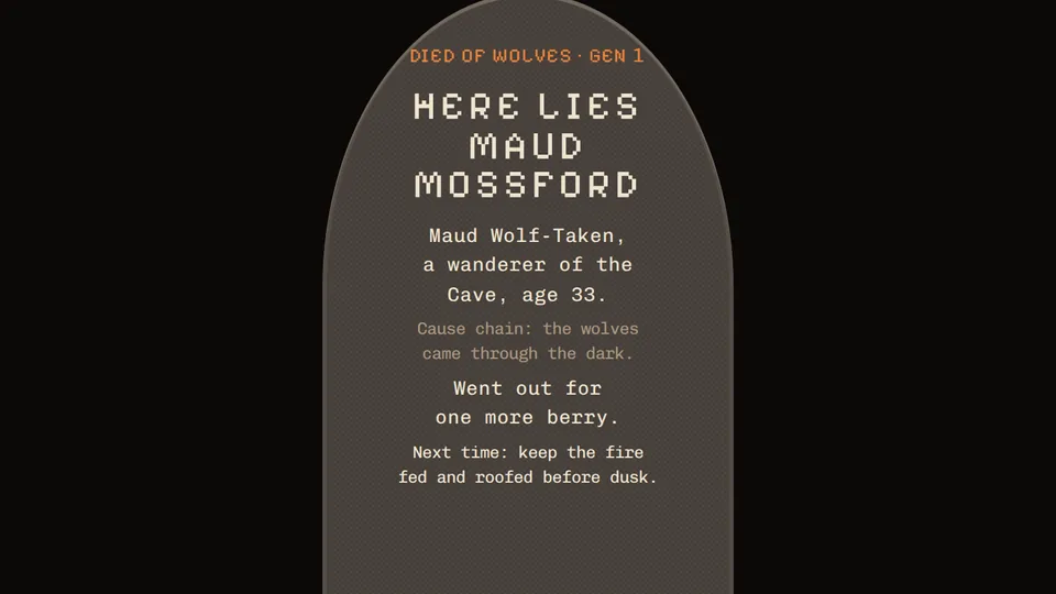A death stone: "Here lies Maud Mossford. Went out for one more berry. Next time: keep the fire fed and roofed before dusk."