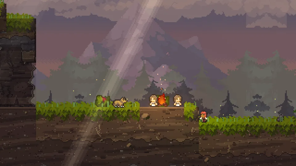 Hungerhold: the family at the fire at dusk, with the camp dog