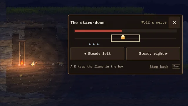 The stare-down mini-game: hold your nerve and keep the flame in the box while a wolf watches.