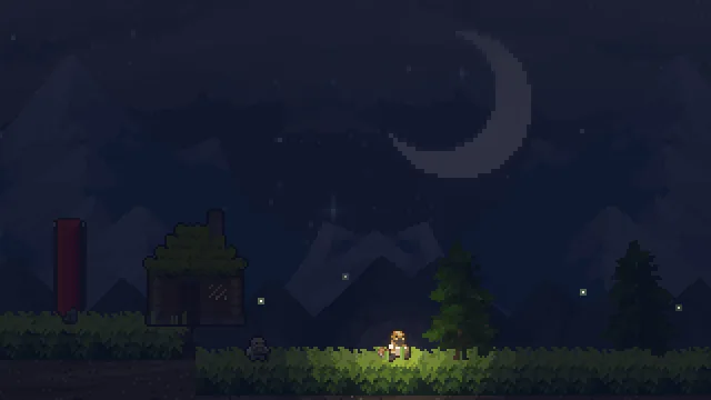 A crescent moon over a cabin, one of the new skies.