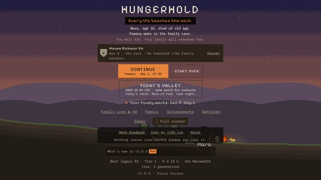 The title screen, with the family's stones on the hillside below the menu.